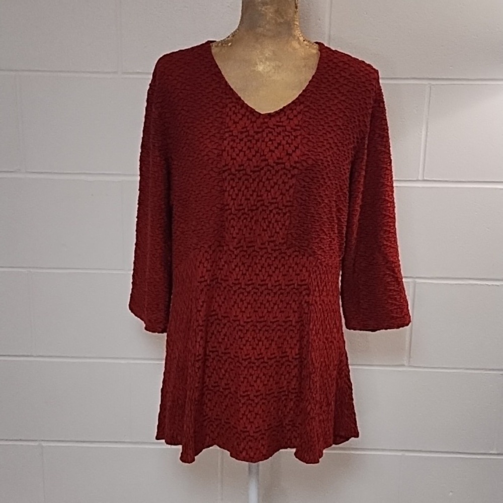Fit & Flare Textured Stretchy Tunic Knit Top 3/4 Sleeve